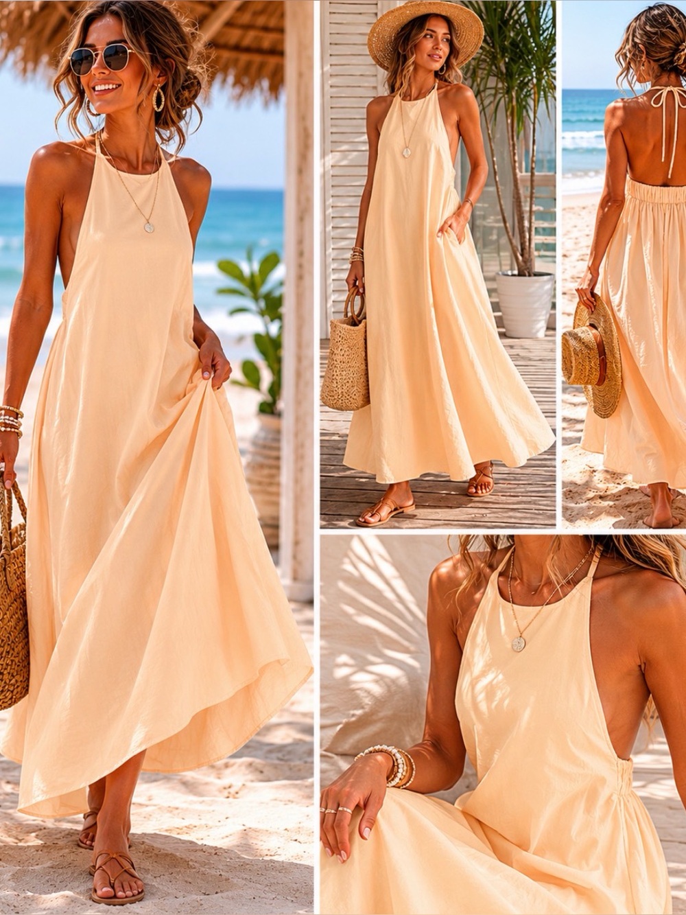 Free People Surfside Tide Halter Maxi Dress Yellow Open Back Pockets Size Large